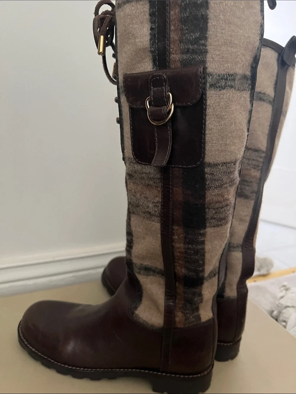 Tory Burch Brown Leather & Plaid Over-the-Knee Lace-Up Boots